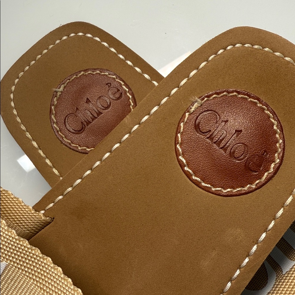 Chloé Tan Canvas Logo Slide Sandals - Picture 4 of 4